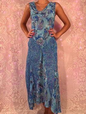 Vintage 90s Y2K blue paisley maxi dress
with asymmetrical hem Size 9/10